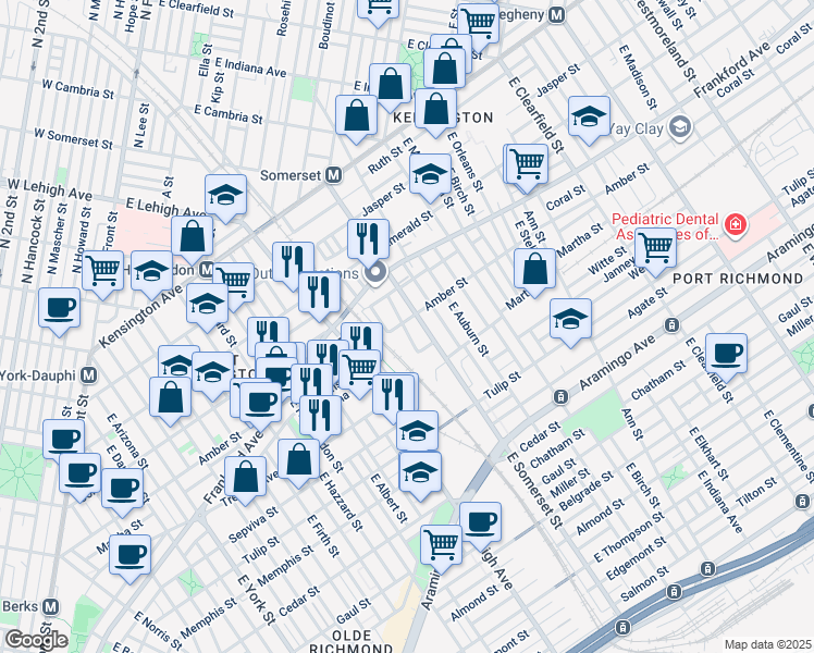 map of restaurants, bars, coffee shops, grocery stores, and more near 2751 Amber Street in Philadelphia