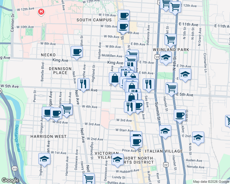 map of restaurants, bars, coffee shops, grocery stores, and more near 51 West 5th Avenue in Columbus