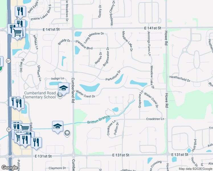 map of restaurants, bars, coffee shops, grocery stores, and more near 10137 Water Crest Drive in Fishers