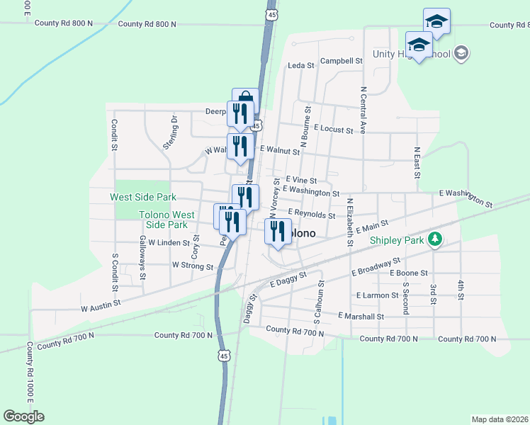 map of restaurants, bars, coffee shops, grocery stores, and more near 104 North Long Street in Tolono
