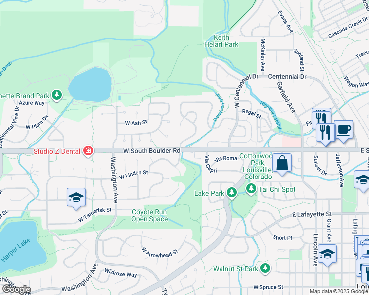 map of restaurants, bars, coffee shops, grocery stores, and more near 545 West South Boulder Road in Louisville