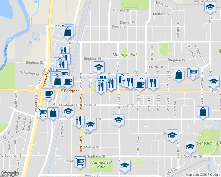 map of restaurants, bars, coffee shops, grocery stores, and more near 705 East Bridge Street in Brighton