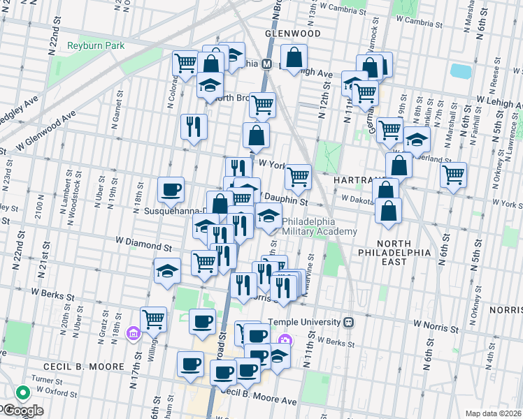 map of restaurants, bars, coffee shops, grocery stores, and more near 2238 North Park Avenue in Philadelphia