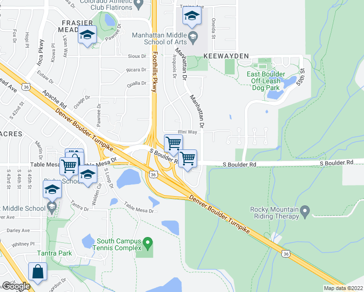 map of restaurants, bars, coffee shops, grocery stores, and more near 50 South Boulder Circle in Boulder