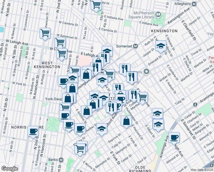 map of restaurants, bars, coffee shops, grocery stores, and more near 1930 East Huntingdon Street in Philadelphia