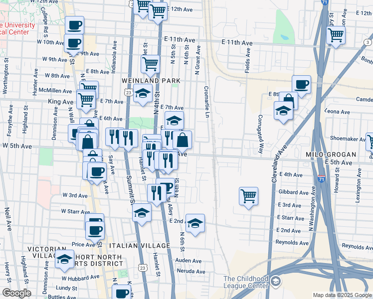 map of restaurants, bars, coffee shops, grocery stores, and more near 324 East 5th Avenue in Columbus