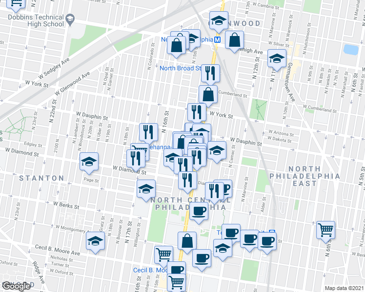map of restaurants, bars, coffee shops, grocery stores, and more near 2221 North 15th Street in Philadelphia