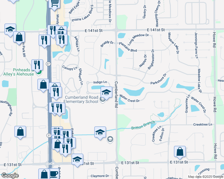 map of restaurants, bars, coffee shops, grocery stores, and more near 13679 Indigo Lane in Fishers