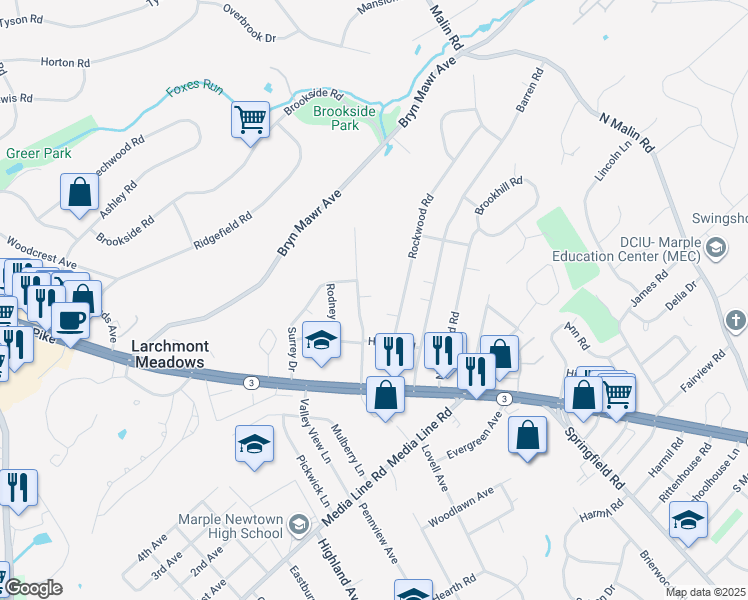 map of restaurants, bars, coffee shops, grocery stores, and more near 27 Radnor Drive in Newtown Square