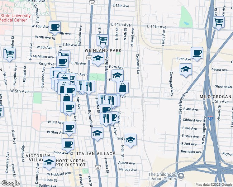 map of restaurants, bars, coffee shops, grocery stores, and more near 266 East 5th Avenue in Columbus