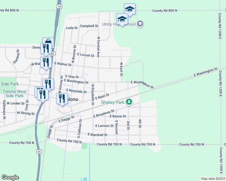 map of restaurants, bars, coffee shops, grocery stores, and more near 506 East Main Street in Tolono