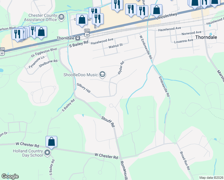 map of restaurants, bars, coffee shops, grocery stores, and more near 3312 Alydar Road in Downingtown