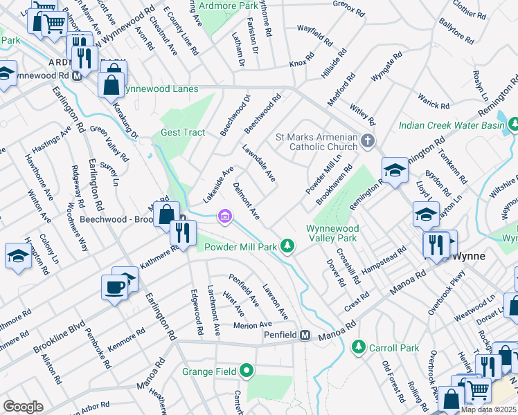 map of restaurants, bars, coffee shops, grocery stores, and more near 1331 Delmont Avenue in Havertown