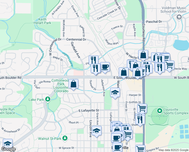 map of restaurants, bars, coffee shops, grocery stores, and more near 551 East South Boulder Road in Louisville