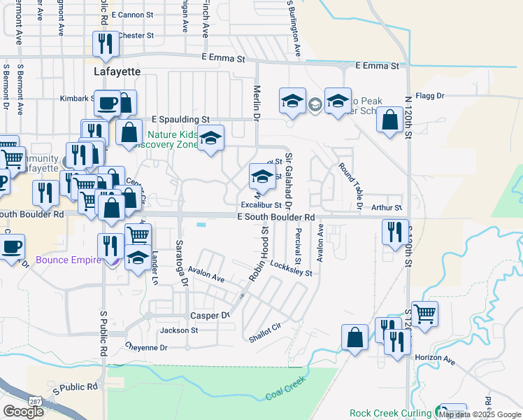 map of restaurants, bars, coffee shops, grocery stores, and more near 802 Excalibur Street in Lafayette