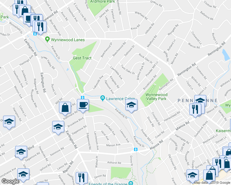 map of restaurants, bars, coffee shops, grocery stores, and more near 1331 Delmont Avenue in Havertown