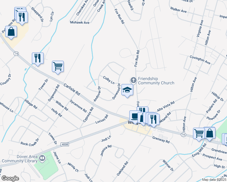 map of restaurants, bars, coffee shops, grocery stores, and more near 3313 Groton Lane in Dover