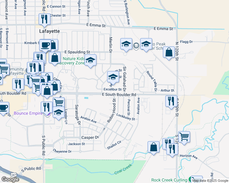 map of restaurants, bars, coffee shops, grocery stores, and more near 802 Excalibur Street in Lafayette