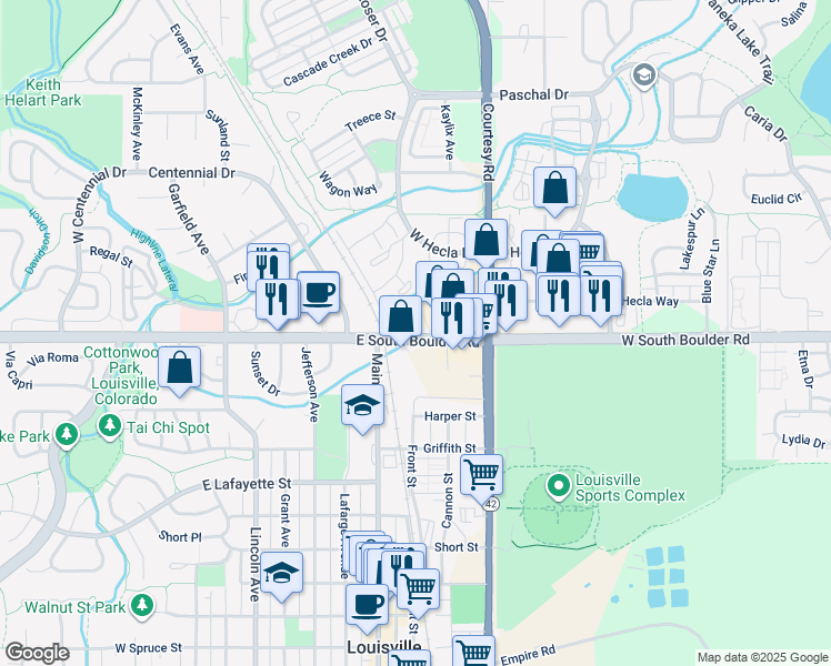 map of restaurants, bars, coffee shops, grocery stores, and more near 1025 East South Boulder Road in Louisville