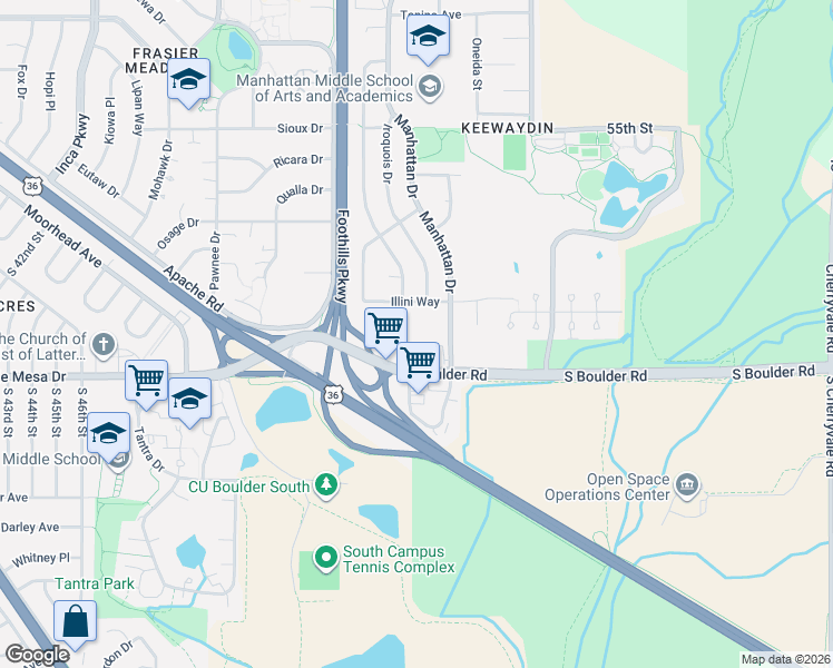 map of restaurants, bars, coffee shops, grocery stores, and more near 50 South Boulder Circle in Boulder