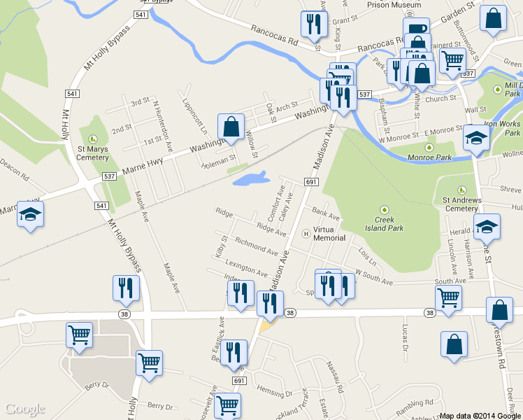 map of restaurants, bars, coffee shops, grocery stores, and more near 136 Comfort Avenue in Mount Holly