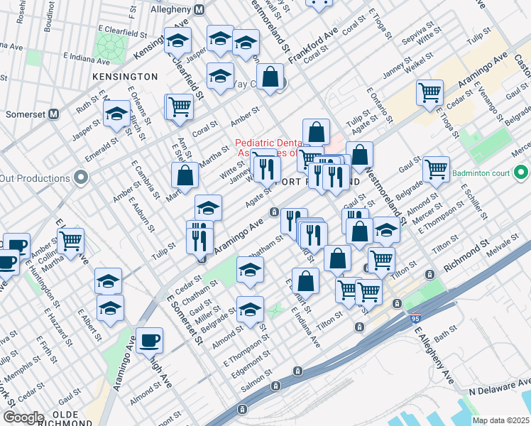 map of restaurants, bars, coffee shops, grocery stores, and more near 3086 Aramingo Avenue in Philadelphia