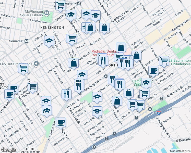 map of restaurants, bars, coffee shops, grocery stores, and more near 3038 Memphis Street in Philadelphia