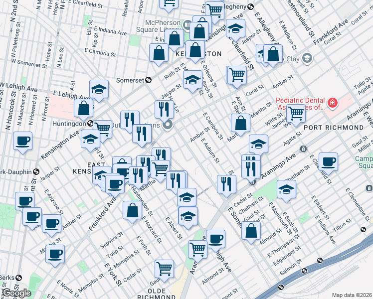 map of restaurants, bars, coffee shops, grocery stores, and more near 2127 East Somerset Street in Philadelphia