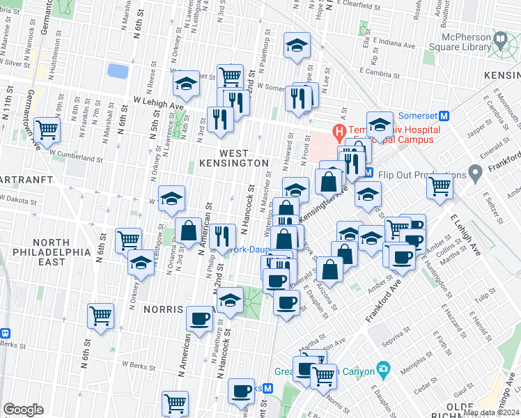 map of restaurants, bars, coffee shops, grocery stores, and more near 2415 North Mascher Street in Philadelphia