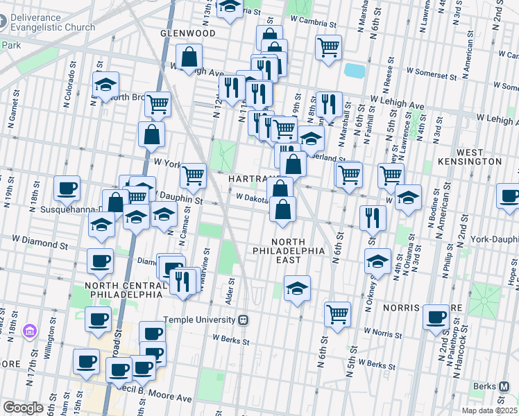 map of restaurants, bars, coffee shops, grocery stores, and more near 935 West Dauphin Street in Philadelphia