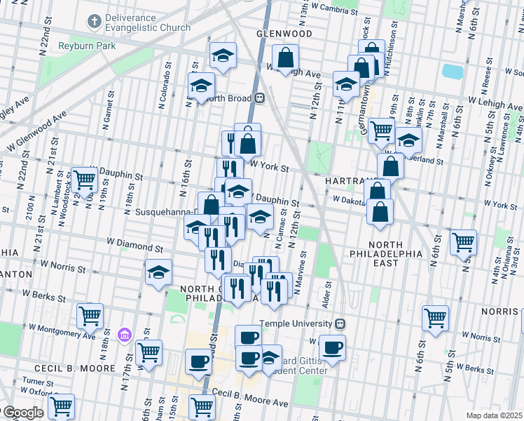 map of restaurants, bars, coffee shops, grocery stores, and more near 2239 North Park Avenue in Philadelphia