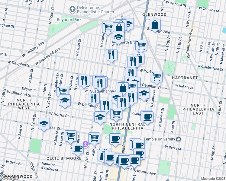 map of restaurants, bars, coffee shops, grocery stores, and more near 2219 North Mole Street in Philadelphia