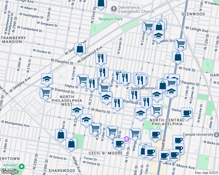 map of restaurants, bars, coffee shops, grocery stores, and more near 2140 North Uber Street in Philadelphia