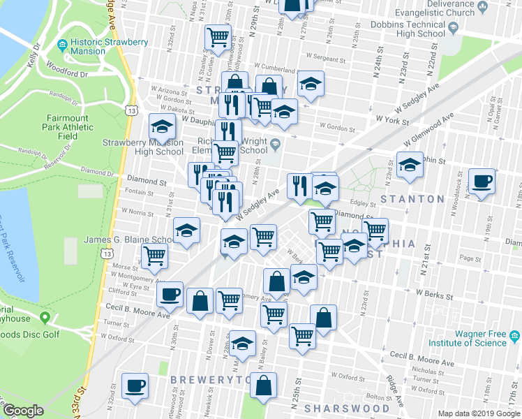 map of restaurants, bars, coffee shops, grocery stores, and more near 2007 North Marston Street in Philadelphia