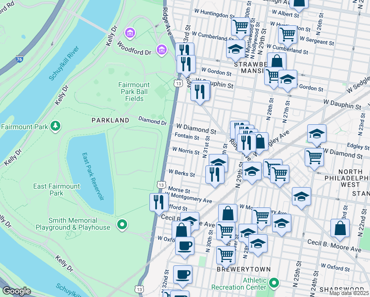 map of restaurants, bars, coffee shops, grocery stores, and more near in Philadelphia