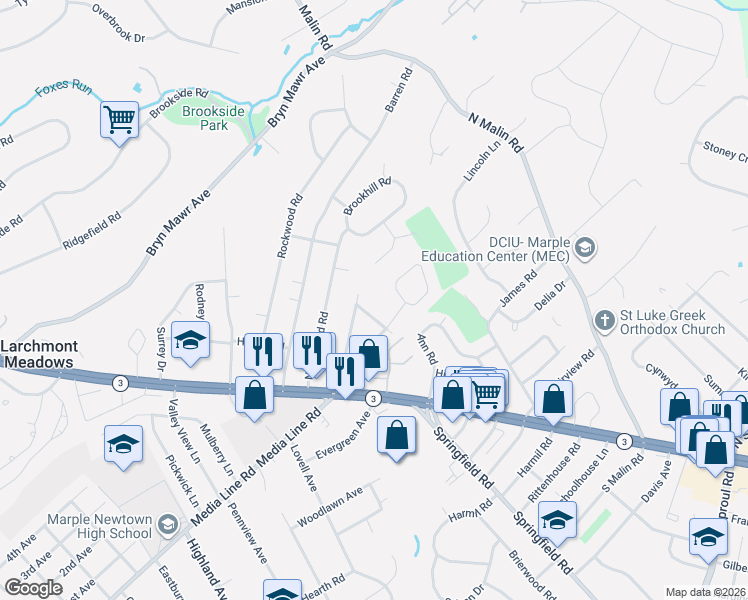 map of restaurants, bars, coffee shops, grocery stores, and more near 3113 Greenvalley Road in Newtown Square