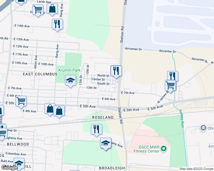 map of restaurants, bars, coffee shops, grocery stores, and more near 3316 East 7th Avenue in Columbus