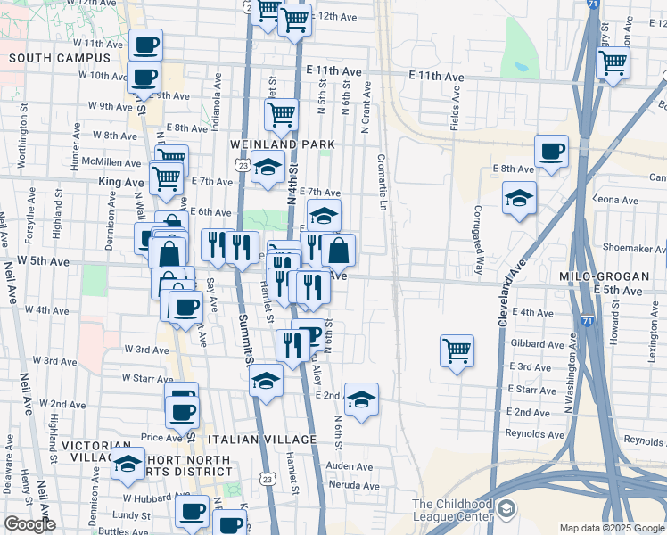 map of restaurants, bars, coffee shops, grocery stores, and more near 266 East 5th Avenue in Columbus