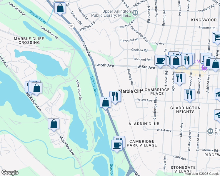 map of restaurants, bars, coffee shops, grocery stores, and more near 1500 Dublin Rd in Columbus