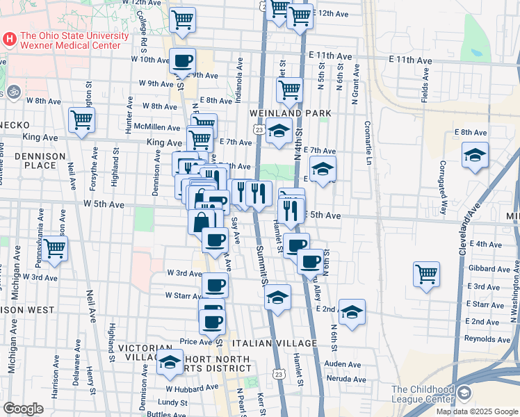 map of restaurants, bars, coffee shops, grocery stores, and more near 104 East 5th Avenue in Columbus