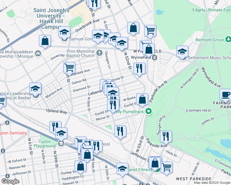 map of restaurants, bars, coffee shops, grocery stores, and more near 5337 Arlington Street in Philadelphia