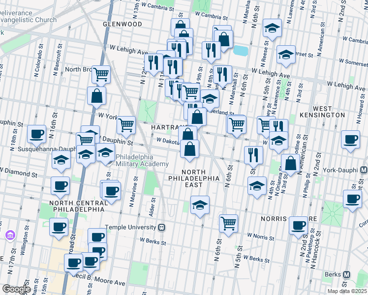 map of restaurants, bars, coffee shops, grocery stores, and more near 2301-11 North 9th Street in Philadelphia