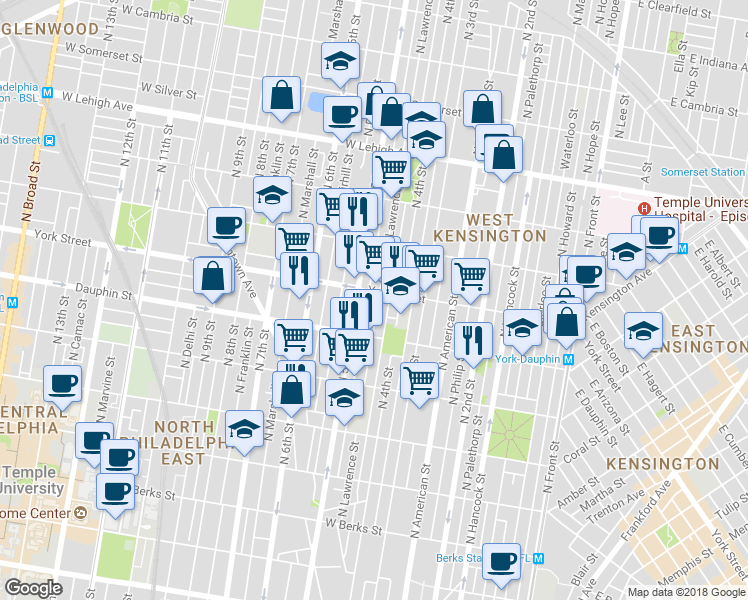 map of restaurants, bars, coffee shops, grocery stores, and more near 2350 North Lawrence Street in Philadelphia