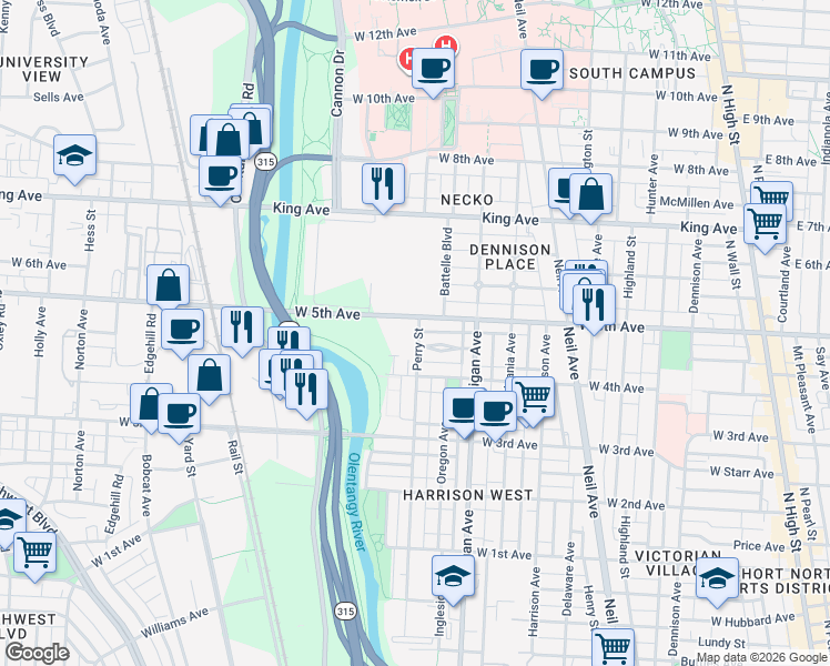 map of restaurants, bars, coffee shops, grocery stores, and more near 498 Vermont Place in Columbus