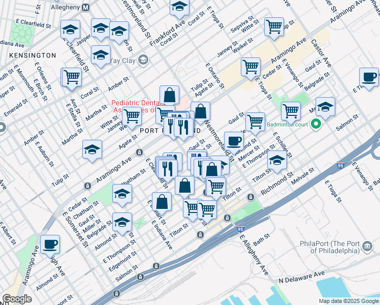 map of restaurants, bars, coffee shops, grocery stores, and more near 2503 East Allegheny Avenue in Philadelphia