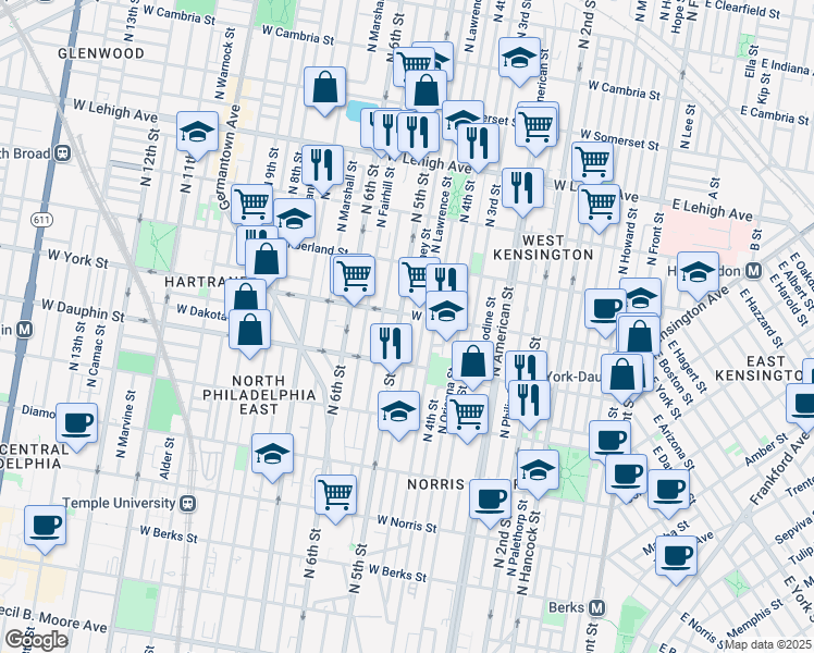 map of restaurants, bars, coffee shops, grocery stores, and more near 2348 North Orkney Street in Philadelphia