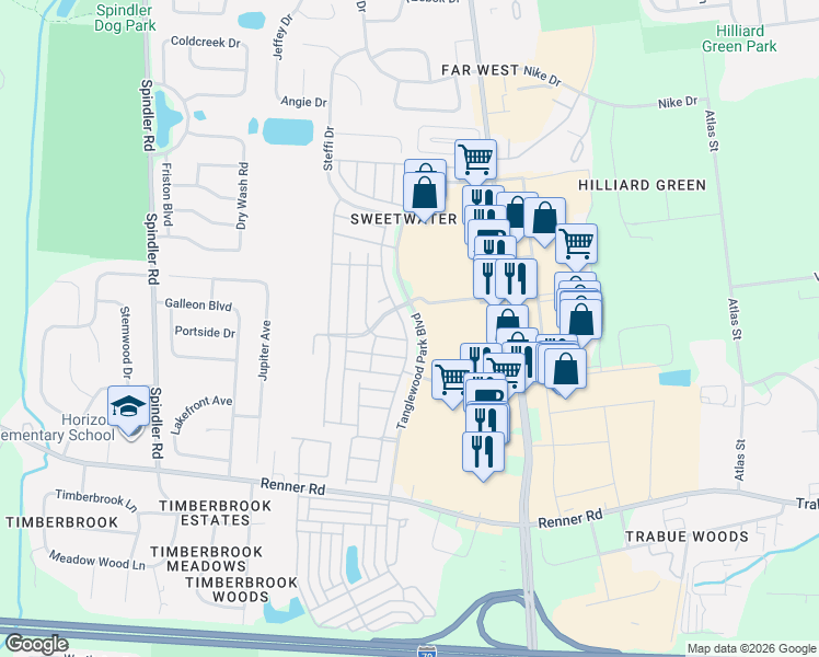map of restaurants, bars, coffee shops, grocery stores, and more near 1772 Bennigan Drive in Hilliard