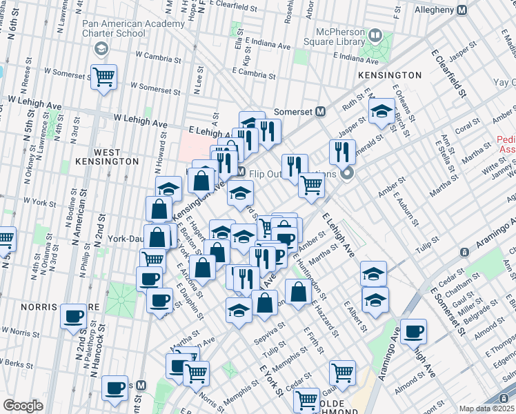 map of restaurants, bars, coffee shops, grocery stores, and more near 1930 East Huntingdon Street in Philadelphia