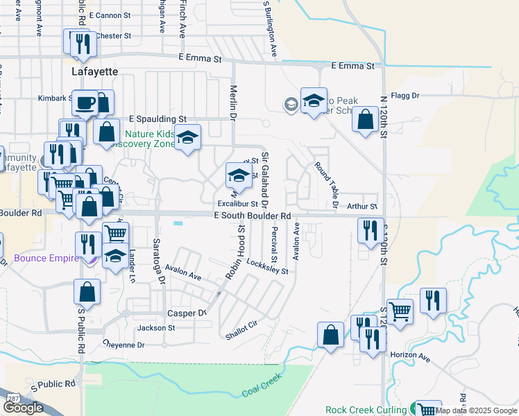 map of restaurants, bars, coffee shops, grocery stores, and more near 904 Excalibur Street in Lafayette