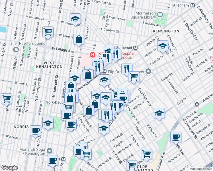 map of restaurants, bars, coffee shops, grocery stores, and more near 1908 East Hazzard Street in Philadelphia